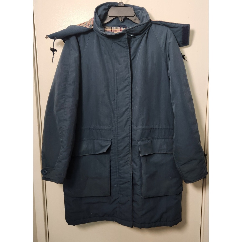 Vtg Woolrich Woman Med Blue Flannel Lined Chore Coat Barn Jacket Detachable Hood